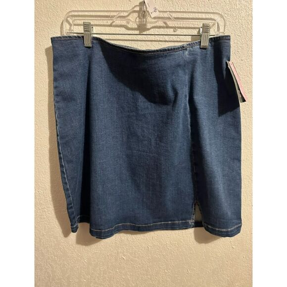 114 Women’s Blue Denim Mini Skirt with Front Slit –High Waist Stretch Jean Skirt - Picture 2 of 3